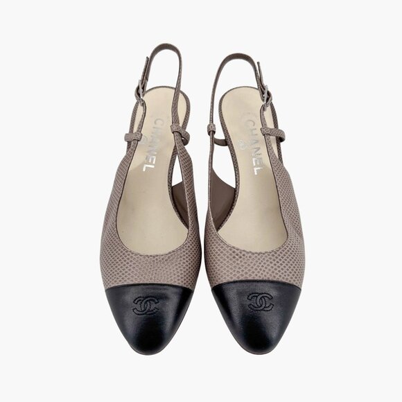 Chanel CC Cap Toe Slingback Kitten Pumps Heels Taupe Leather Size 38 US 7-7.5 - Picture 2 of 16